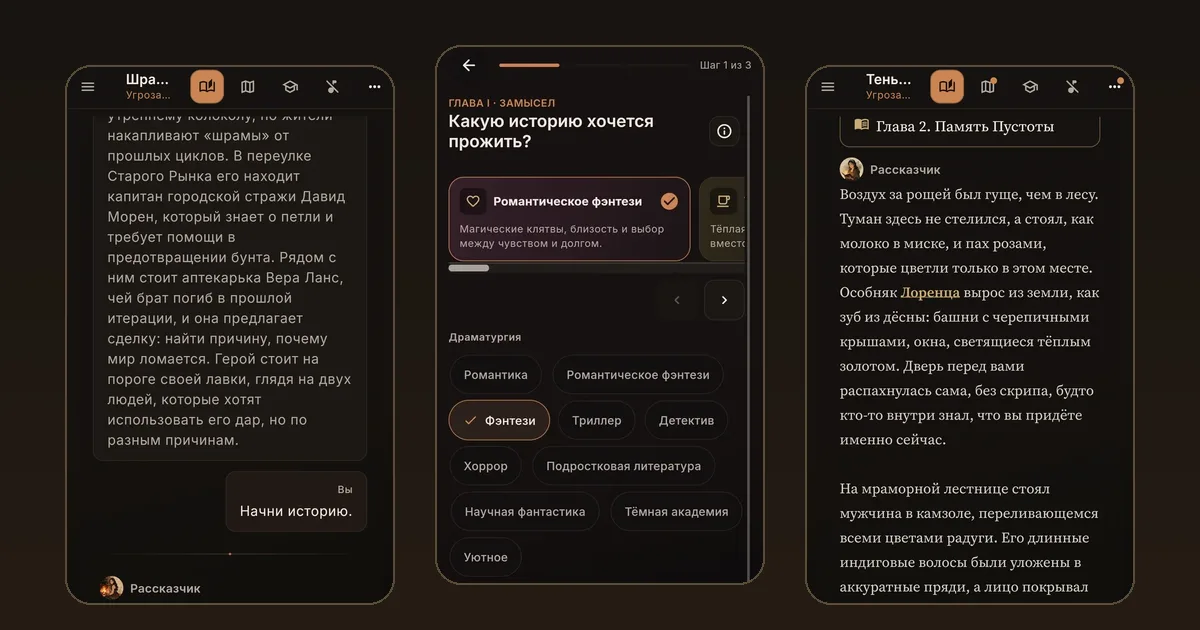 Три экрана игры: создание кампании, вступление и сцена второй главы