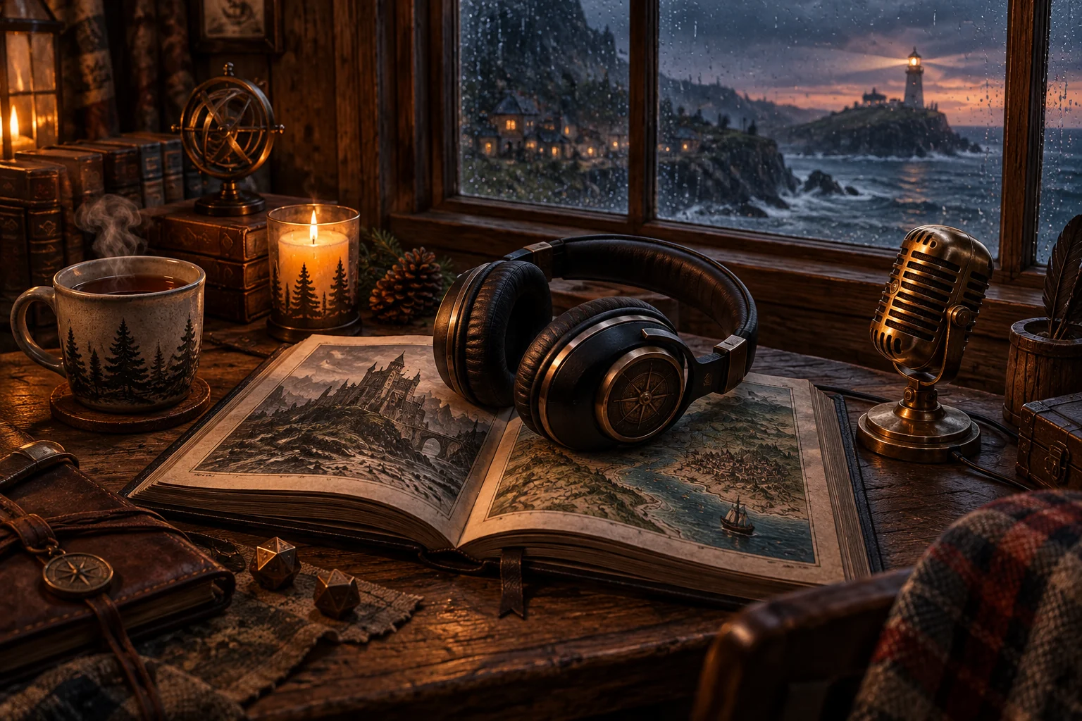 На столе у дождливого окна лежат наушники, книга приключений и небольшой микрофон